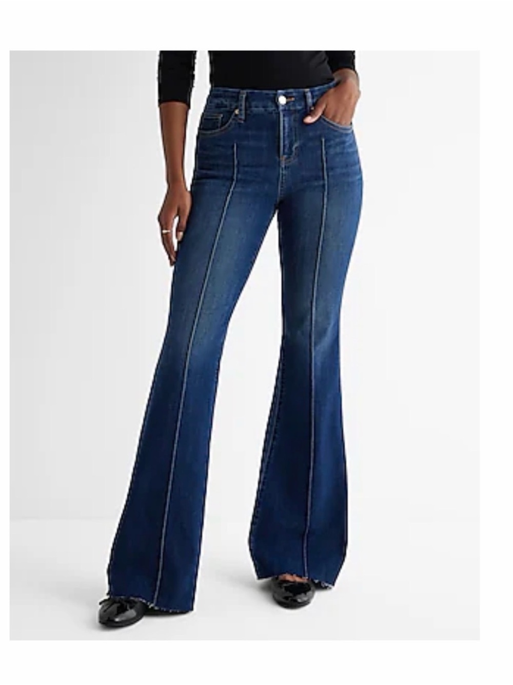 Express Women's Dark Blue Flare FlexX Jeans with Front Seams Small Long